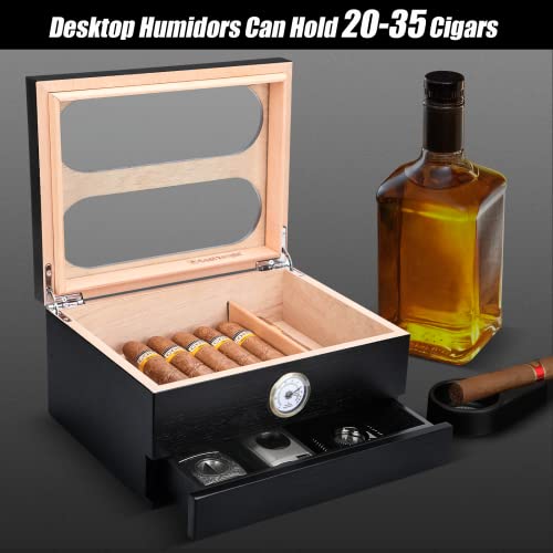 Cool Knight Cigar Humidor With Front Hygrometer, Humidifier And Accessory Drawers-Tempered Glass Top Cigar Humidor Box - Spanish Cedar Humidor-Desktop Humidor That Can Hold 20-35 Cigars.(Black) #TOP4