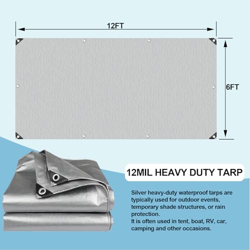 Tarps Heavy Duty Waterproof - Plastic Tarps with Grommets 12 Mil Silver Thick Protective Tarpaulin Covers for Outdoor Under Tent Camping Boat Patio Pool RV Pool - Thumbnail 7