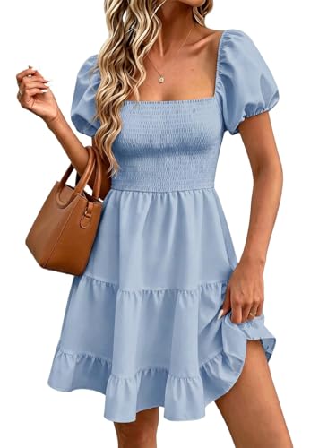 Image of Wenrine Womens Puff Sleeve Babydoll Dress Summer Floral Square Neck Smocked Casual Off Shoulder Ruffle Boho Mini Dresses