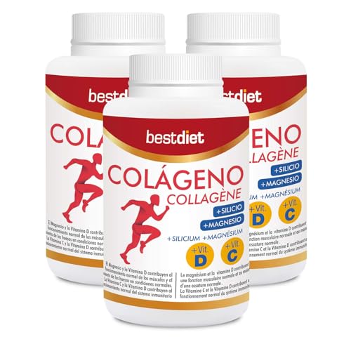 Bestdiet - Colageno con Magnesio, Vitamina C y D y Silicio en Comprimidos, Colágeno Hidrolizado para Mantenimiento de la Piel, Articular y de Cartílagos, Pack de 3 botes de 120 Comprimidos.