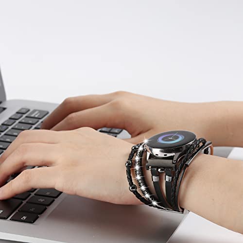 Posh Leather 20Mm Watch Band Galaxy Watch 4/5 Band/Active 2 Watch Bands 40Mm 44Mm/Galaxy Watch 5 Pro Band/Watch 3 41Mm/Watch 4 Classic 42Mm 46Mm, Boho Bracelet Handmade Strap For Women (Solid Black) #TOP4