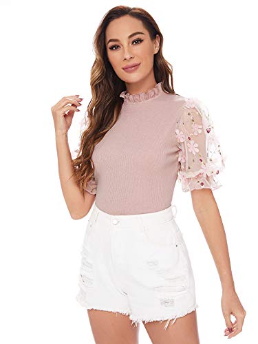 Romwe Women s Summer Short Sleeve Mock Neck Casual Blouse Tops Dusty Pink S