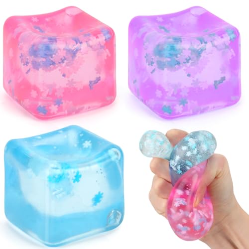 Gretex Ice Cube Fidget Toy for All Ages: 3 Pack Soft Cubes Sensory Fidget Ice Cube Stress Ball Squishy Cube Stress Relief Toys for Kids, Teens and Adults Party Favors, Birthday Gift for Kids Age 3+