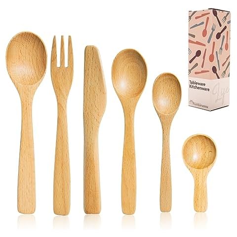 Wooden Spoon for Eating, Fork and Knife Set(6 pcs), Salad Spoon, Spreader Knife, serving spoon, Small Scoops for Canisters, Coffee Spoon, Portable Travel Tableware, Natural Wood Cutlery Set Reusable Cover