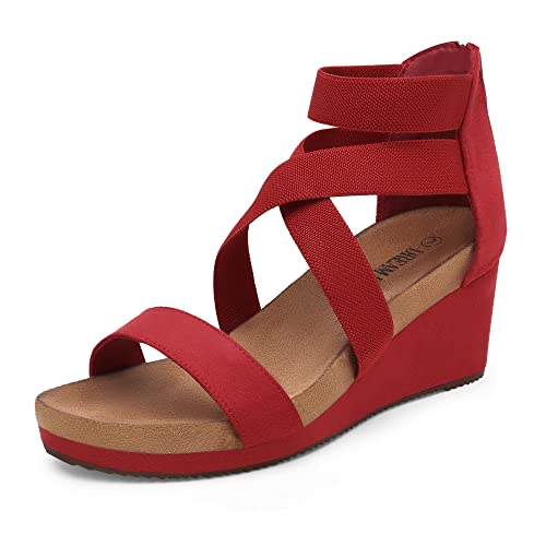 DREAM PAIRS Womens Elastic Ankle Strap Open Toe Platform Wedge Sandals Comfortable Summer Shoes 5 Red