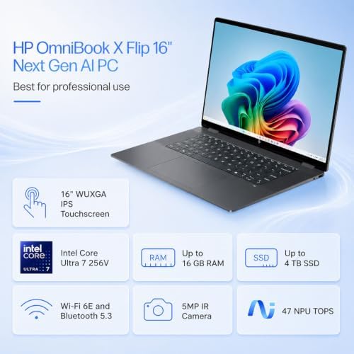 HP OmniBook X Flip 16" 2-in-1 2K Touchscreen AI Laptop | Intel Core Ultra 7 256V & 47 Tops NPU | 16GB DDR5 RAM | 1TB PCIe SSD | Backlit Keyboard | 5MP IR Camera | Win 11 | Hybrid & Remote Work Ready - 1