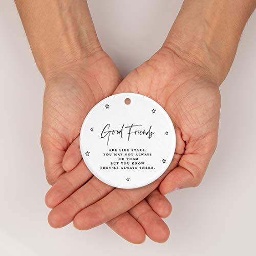 Andaz Press Round Ceramic Porcelain Christmas Tree Ornament Keepsake Collectible Friendship Gift, Good Friends Are Like Stars You Don't Always See Them, Antique Handdrawn, 1-Pack #TOP2