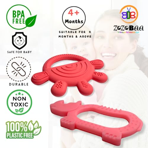 Image of Cute Shape Soft Silicone Teether for Baby Gums, Teething Toys for Babies, BPA Free, Pain-Relief, Non-Toxic, 100% Food Grade, Soothing, Easy to Grasp Chewable - Rhino+Hand (Pack of 2)