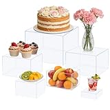 Buffet Risers 6 Stück Display Tortenständer Stufen-Präsentationsständer Schild ein Stift Acryl Catering Dessert Schmuck Zeigen Sammlerstücke Dekor 3x4x5x6x7x8 Zoll Würfel Buffettisch Regalboxen -Klar