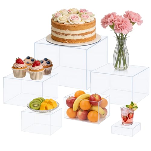 Buffet Risers 6 Pcs Cake Food Display Risers w/Mini Signs & a Pen Acrylic Catering Dessert Jewelry Figures Show Collectibles Table Decor Display Stand 8x7x6x5x4x3 Inch Clear Cube Showcase Shelf Boxes