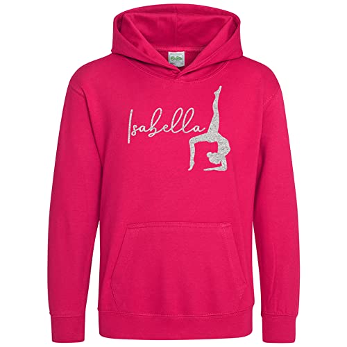 Purple Print House - Purple Print House Personalised Gymnastics Hoodie - SILVER GLITTER Gymnastics Hoodie Girls Gymnast Gift For Kids Childrens Hooded Top, 7-8 Years, Bright Pink