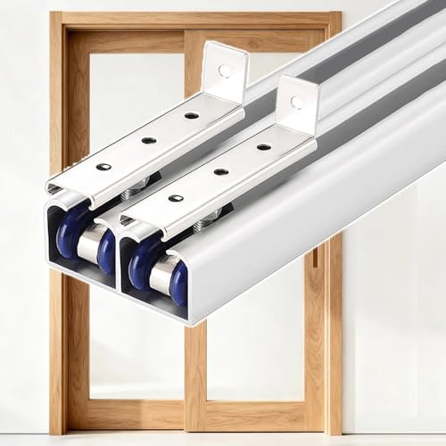 QSPNVFB Riel Para Puerta Corredera De Doble Canal, Kit De Herrajes Para Puerta Graneron, Rieles De Puerta Corrediza De Armario Estanterías Balcón(Silver,130cm(51'))