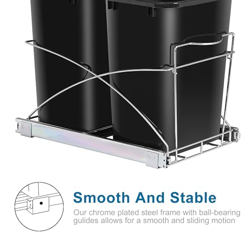 SUPER DEAL Double 35-Quart Pull Out Trash Can Under Cabinets Under Sink Garbage Sliding Waste Bin Container Recycling Bins with Chrome Wire Bottom Mount 44 lbs Load Capacity, Black