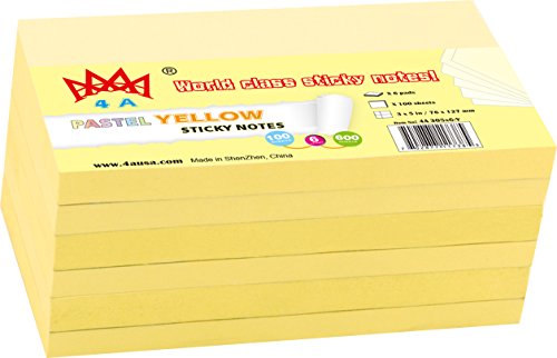 4A Sticky Notes,3 X 5 Inches,Canary Yellow,Self-Stick Notes,100 Sheets/Pad,6 Pads/Pack,4A 305X6-Y #TOP6