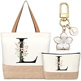 Hestya Set 3 Regalos para Mujer Bolso Tote Personalizado con Inicial Bolsa de Compras de Lona Neceser con Alfabeto Bolso de Maquillaje Llavero con Letra para Amiga Colega Cumpleaños Boda (Beige, L)