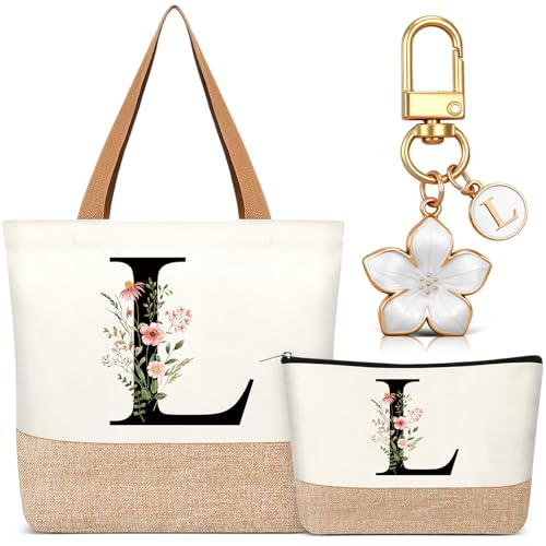 Hestya Set 3 Regalos para Mujer Bolso Tote Personalizado con Inicial Bolsa de Compras de Lona Neceser con Alfabeto Bolso de Maquillaje Llavero con Letra para Amiga Colega Cumpleaños Boda (Beige, L)