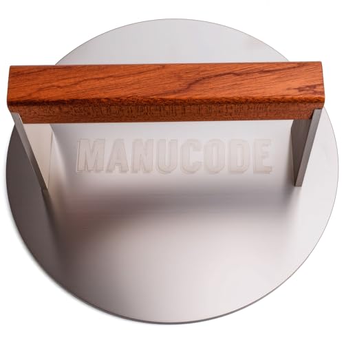 Manucode Grill Gewicht aus 304 Edelstahl – Smash Burgerpresse (1,42 kg Ø 20.5 cm) mit Hitzeabweisendem Holzgriff, für Schnelle Kruste auf Burgern & Steaks