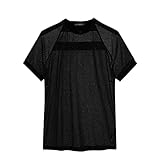 Men T Shirt Shiny Mesh Patchwork See Through O-Neck Short Sleeve Tee Tops Streetwear Sexy Camisetas Black L