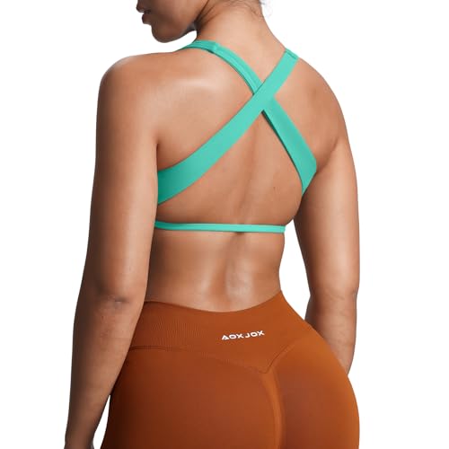 Aoxjox Women's Workout Sports Bras Square Neck Emma Cross Back Fitness Training Gym Bra Yoga Crop Tank (Turquoise, X-Small)