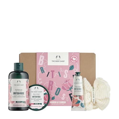 The body shop NOURISH & FLOURISH BRITISH ROSE GIFT BOX 4 Pieces with Shower Gel 250ml, Body Butter 50ml, Hand Cream 30ml and Bath Lily, Vegan