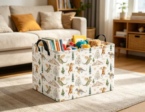 Image of Rectangular Kids Basket Baby Girl Basket Fabric Storage Bin Organizer Box Room Decor(Castle Dinosaur)