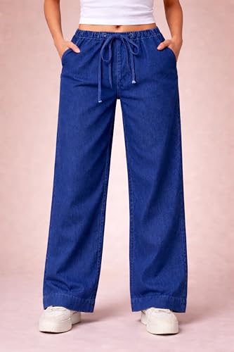 Image of London Hills Jeans for Woman | Wide Leg Jean for Women | Women's Wide Leg Denim Pants | Elastic Waist Drawstring Jeans for Women | Loose Fit Casual Palazzo Trousers | Woman Jean's Pant