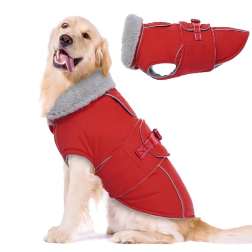 暖かい犬用冬用コート、フリース裏地付き暖かい冬用犬用ジャケット(大)、犬用冬用コート(防水)、ハーネスホール付きペット用ジャケット(小型・中型・大型犬用),赤,S