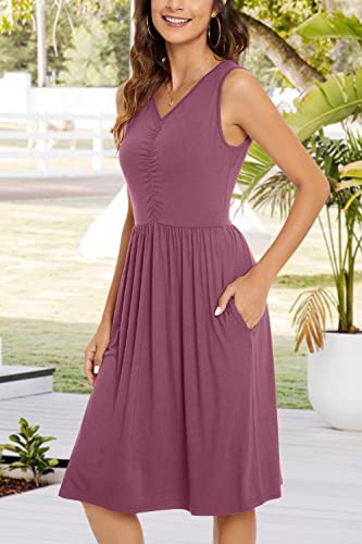 Image of NILOUFO Sleeveless Dress for Women Summer Knee Length Sundress with Pockets | Sundresses for Women Tank Empire Waist Sun Dress Cold Shoulder Casual V Neck Midi Dress Flowy Summer Dresses for Women