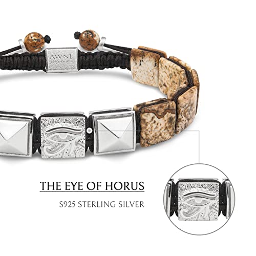 Men's Flatbead Bracelet with Sterling Silver Centre Charm Braided Bracelet Natural Gemstones Gift for Men (9.5mm Stone), 5.7"-7.5"4