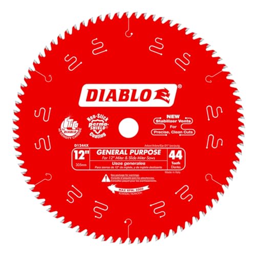 Diablo General Purpose Saw Blade for Wood - 12 Diameter 44 ATB Teeth 1 Arbor .098 Kerf 15 Hook Angle .071mm Plate 5000 Max RPM - D1244X