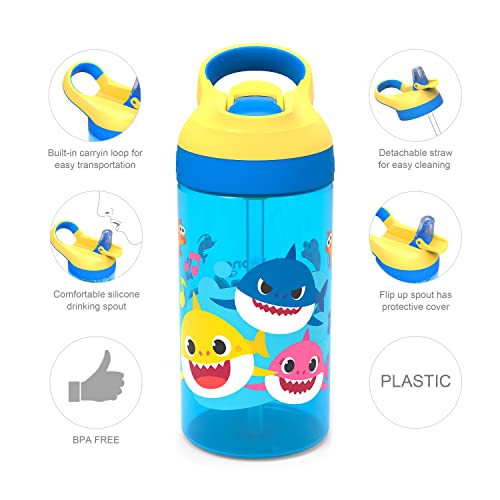 Zak Designs Baby Shark Kids Water Bottle With Straw And Built In Carrying Loop Made Of Durable Plastic, Leak-Proof Design (16 Oz #TOP4