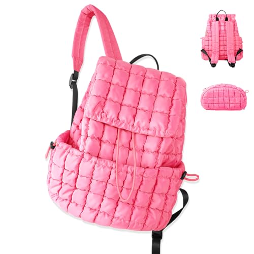 Iqimott Quilted Puffer Backpack for Women, Fashion Nylon Puffy Casual Backpack, Lightweight Hiking Gym Daypack Puffy Padding Preppy Travel Bag with Adjustable Top Flap Drawstring (Pink)