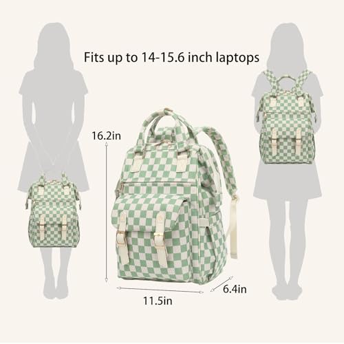 Image of Corduroy Laptop Backpack for Women 15.6 Inch Stylish College School Bookbag, Business Work & Travel Computer Backpacks (Checkered Green)