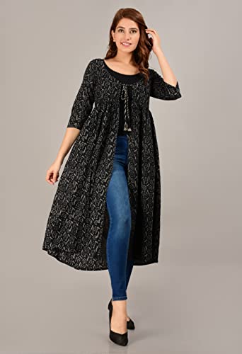 Image of COTLAND Fashions Jaipuri Cotton Abstract Printed Black Shrug /Jacket /Cape for Women (Black & White)