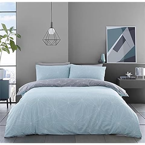 HOMEMAKER BEDDING ® Geometric duvet set aqua grey linear quilt cover & pillow cases (Double) Cover