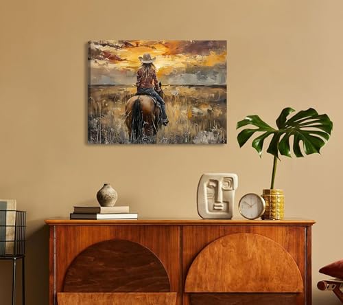 Image of OCRXLYTH Western Cowgirl Riding Horse Canvas Wall Art Cowgirl Wall Decor Pictures Sunset Countryside Landscape Painting Print Vintage Artwork for Living room bedroom country decoration 16x24