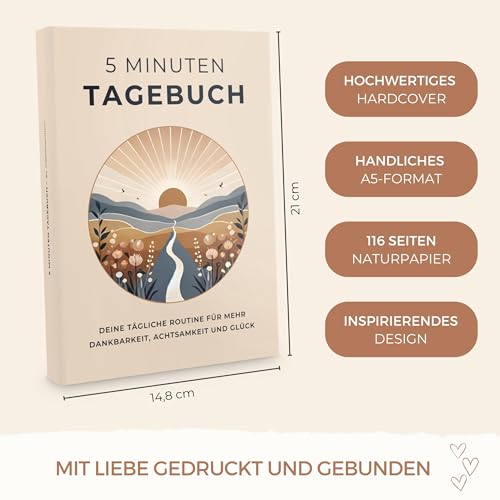 memoriecation 5 Minuten Tagebuch - Dein Journal für mehr Dankbarkeit, Achtsamkeit und Glück - Tagebuch für Erwachsene, Dankbarkeitstagebuch, Achtsamkeitstagebuch für 5 bis 6 Minuten Journaling