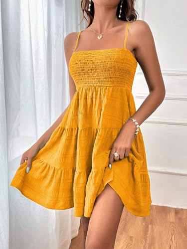 Image of SKAYS Womens Cami Mini Dress Smock Casual A Line Swing Sundress Summer Sleeveless Solid Ruffle Hem Short Dresses