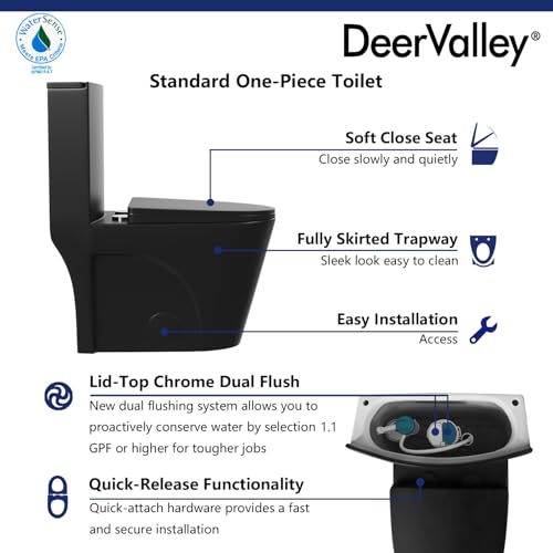 DeerValley Elongated One-Piece Toilet, 17\" ADA Comfort Height, Dual Flush 1.1/1.6 GPF, 10\" Rough-In, Includes Soft Close Seat, Black Finish