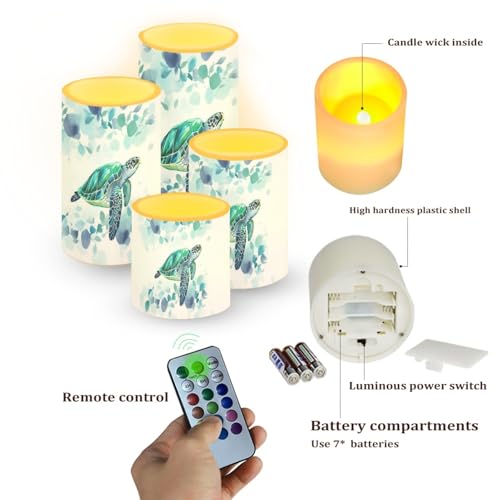 Image of Flameless LED Candles Electric Candle Set with Remote Timer Color Changing Control Long Lasting for Table Centerpiece Home Indoor Decoration Pack of 4, Blue Sea Turtle