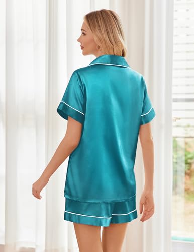 Image of Ekouaer Womens Silk Satin Pajama Sets Soft Short Sleeve Button Down Sleepwear Top and Shorts 2 Piece Pjs Lounge Set