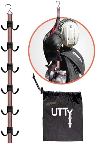 UTTY Hanging Multipurpose Portable Hockey Drying Rack - Durable Gear Keeper & Sports Equipment Organizer - 6 Durable Adjustable Hooks Support Light to Heavy Weight for Home, Travel & Outdoor Use
