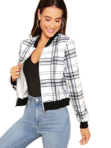 Romwe Women's Long Sleeve Zipper Plaid Stand Collar Bomber Jacket Top White L