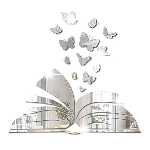 Desuibao Reading Corner Decor Acrylic Mirror Stickers, Peel and Stick Book Lover Butterfly Wall Stickers