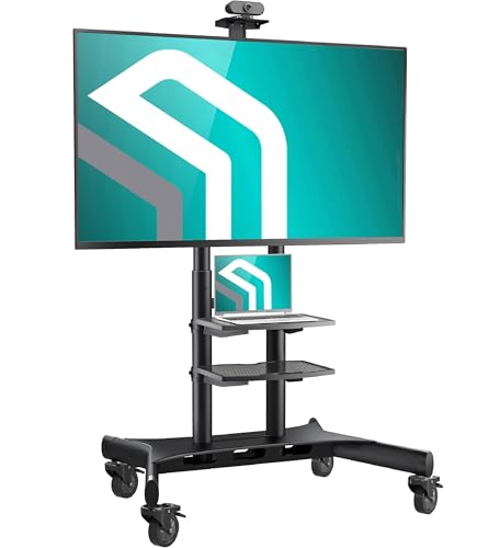 ONKRON Mobilny Stojak TV 50-86 Cali, Maks. Obciążenie 105,9 kg, Wózek Pod Telewizor VESA 200x200-800x500, Stojak TV z Kółkami i Półkami, Regulacja Wysokości, Czarny TS1881-B