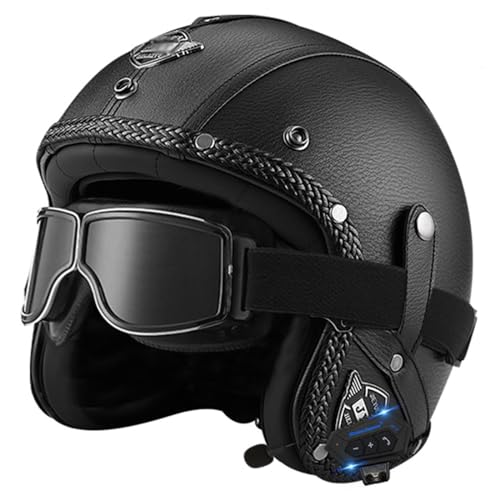 Leather Vintage Motorcycle Open Face Helmet, Bluetooth, DOT/ECE, Size L 59-60CM