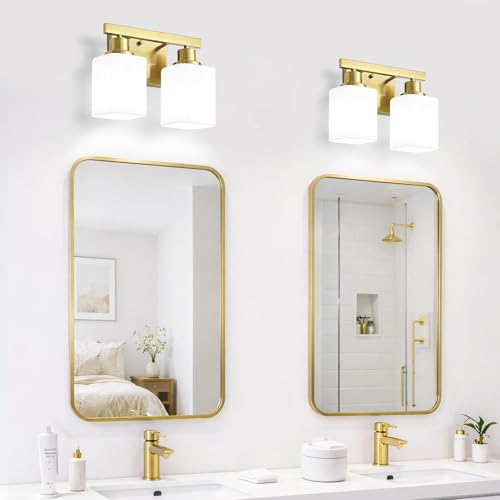 Image of 2 Light Gold Bathroom Light Fixtures,Brushed Gold Vanity Light with Clear Glass,Gold Bathroom Vanity Lights Over Mirror,Wall Sconces for Living Room,Bedroom,Hallway(E26 Base)