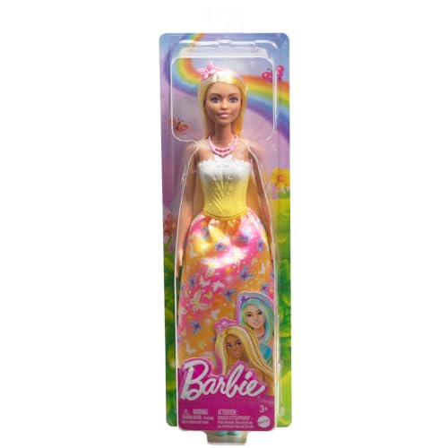 Image of Barbie Royal Doll with Brightly Highlighted Fantasy Hair, Colorful Accessories, Yellow Ombre Bodice and Butterfly-Print Skirt