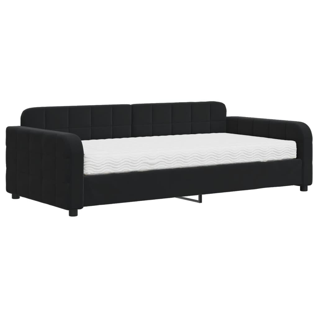 Aksamitna 2w1 z materacem piankowym do spania dla gości 100x200 cm czarny | Sofa z materacem do spania czarna 100x200 aksamit 2w1 z funkcją spania do salonu sypialni