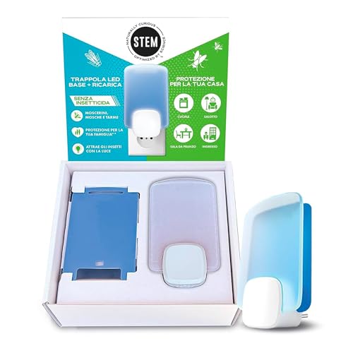 STEM Trappola LED Antimosche, Antimoscerini e Antitarme, Senza Insetticida, Protezione 24/7 dagli Insetti Volanti, per Uso Interno, 1 Base e 1 Ricarica